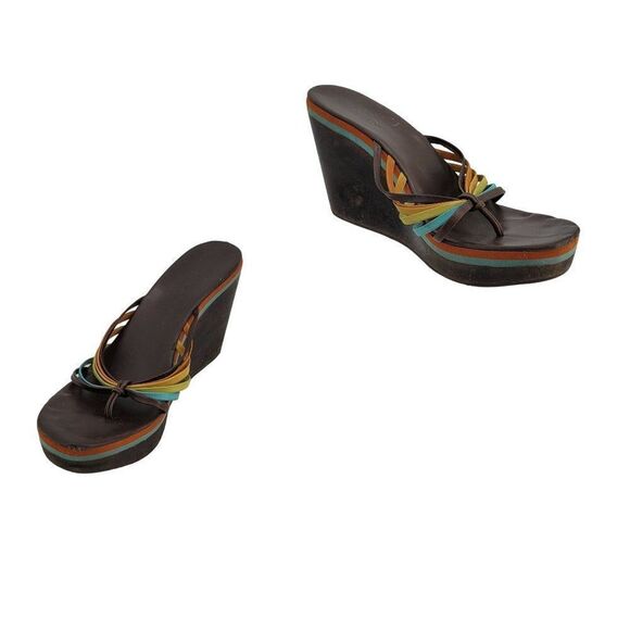 Vintage 90s BCBG Platform Wedge Sandals 9 Rainbow Strappy Wood Hippie Pride - Picture 1 of 11